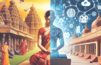 This image is used for the blog post: AI Advantage: Actionable Strategies for Personalized Marketing in India. This is a split image showing the traditional india and modern india with ai