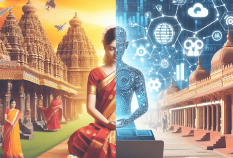 This image is used for the blog post: AI Advantage: Actionable Strategies for Personalized Marketing in India. This is a split image showing the traditional india and modern india with ai
