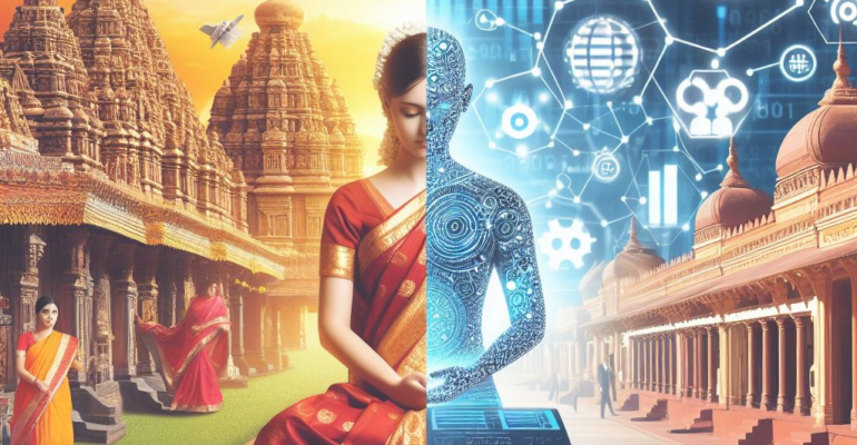 This image is used for the blog post: AI Advantage: Actionable Strategies for Personalized Marketing in India. This is a split image showing the traditional india and modern india with ai