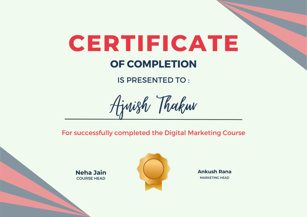 This image is a digital marketing course certificate