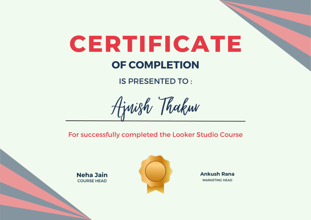 This is a looker studio course certificate by optimized scholar