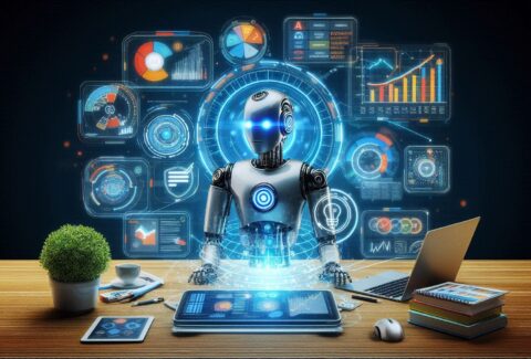 A robot or AI interface interacting with digital marketing elements such as social media posts, advertisements, and analytics charts, symbolizing the integration of AI into marketing strategies.