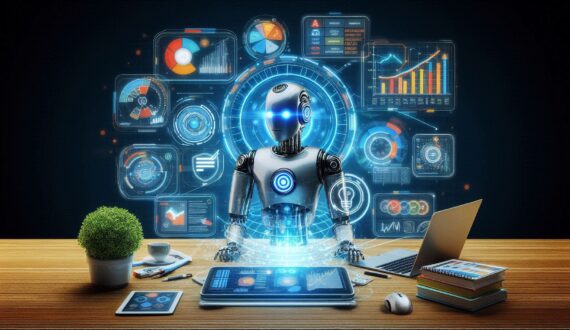 A robot or AI interface interacting with digital marketing elements such as social media posts, advertisements, and analytics charts, symbolizing the integration of AI into marketing strategies.